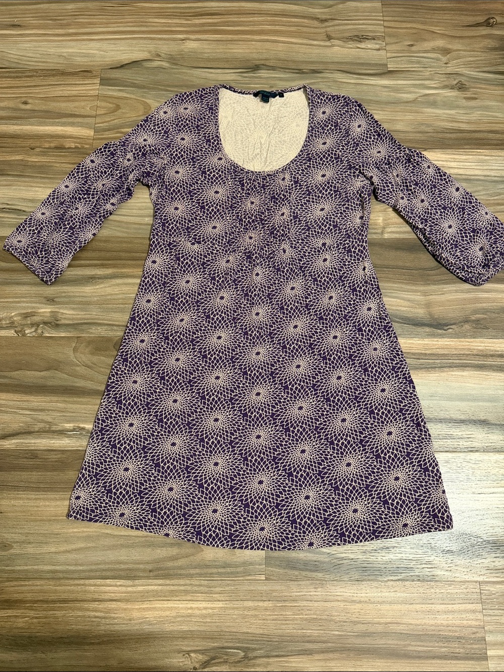 Boden Womens 14 Scoopneck Jersey Tunic Mini Dress Purple Floral 3/4 Sleeve